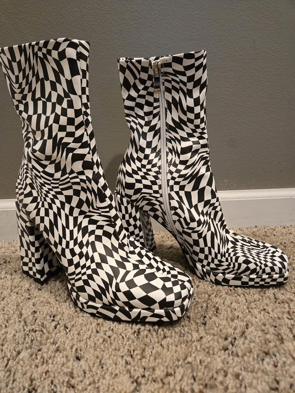 Checkerboard Platform Ankle Boots - Black & White